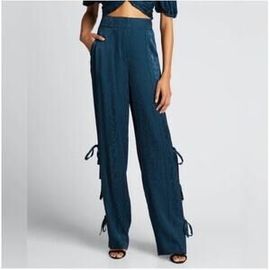 Cinq A Sept Keaton Jacquard Patterned Pants w/ Leg Bow Ties Peacock Blue Size 2